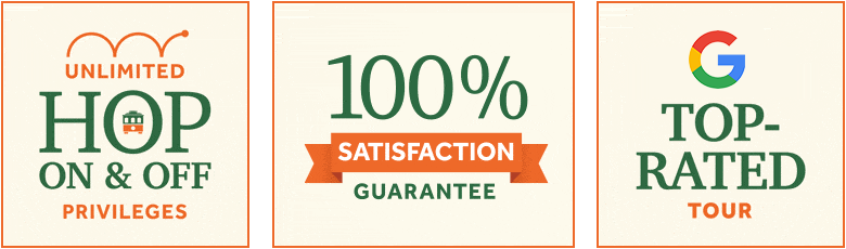 three boxes: From left to right: Box 1: Unlimited hop on & ff privileges. Box 2: 100% satisfaction guarantee. Box 3: Google Top Rated Tour