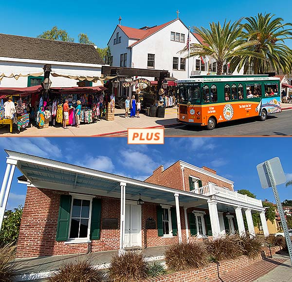 Top picture: Trolley driving by Old Town Market in San Diego; bottom picture: Whaley House