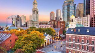 Boston Faneuil Hall aerial view at sunset