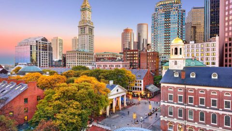 Boston Faneuil Hall aerial view at sunset