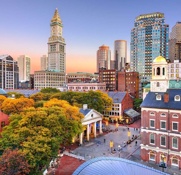 Boston Faneuil Hall aerial view at sunset