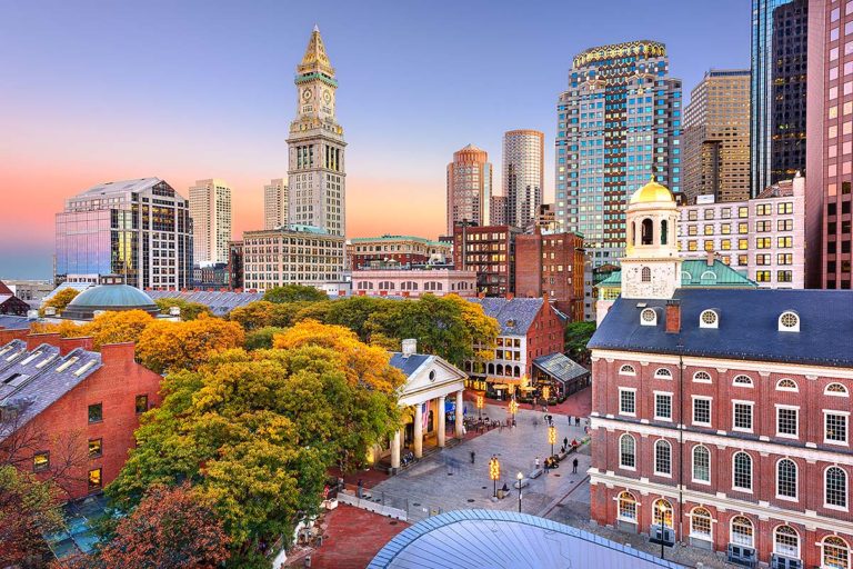 Boston Faneuil Hall aerial view at sunset