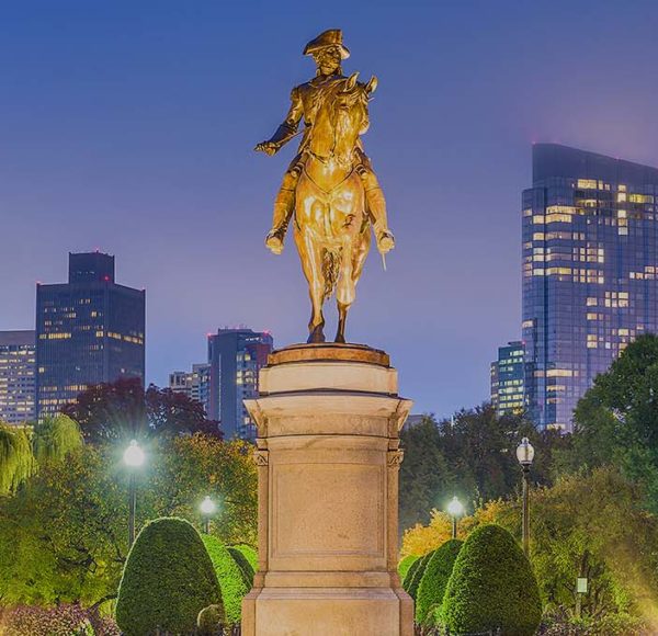 Boston Public Garden and Washington Statue at dusk