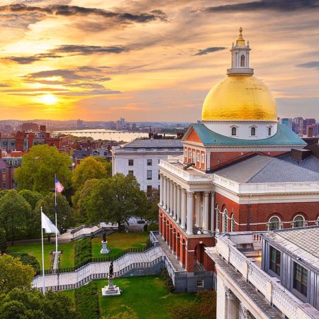 Aerial photo of Boston State House at sunset