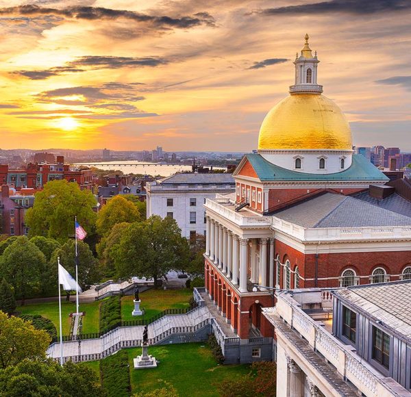 Aerial photo of Boston State House at sunset