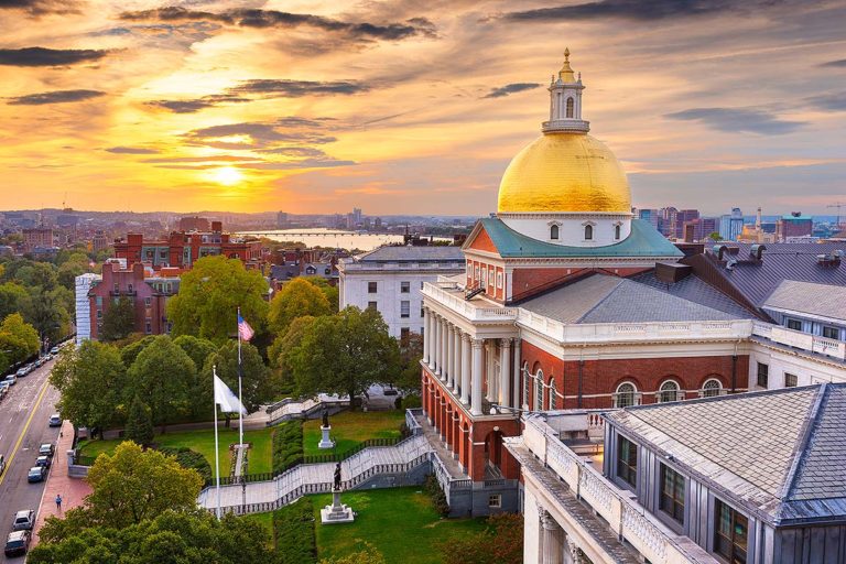 Aerial photo of Boston State House at sunset