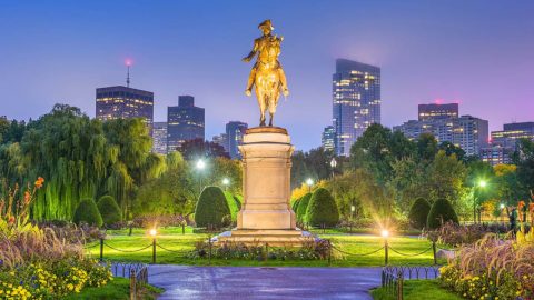 Boston Public Garden and Washington Statue at dusk