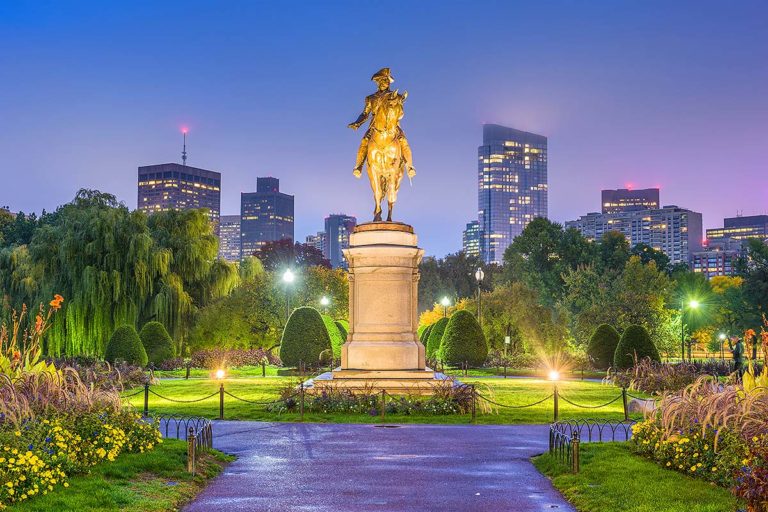 Boston Public Garden and Washington Statue at dusk