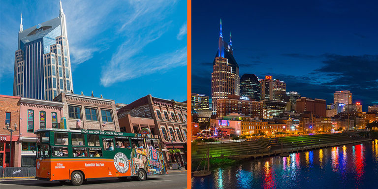 Left image: Nashville driving on Broadway street; right image: night time picture of Nashville skyline and river