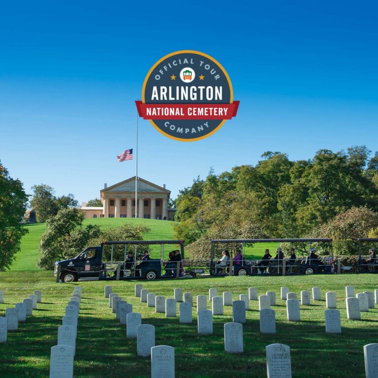 Arlington Tours vehicle driving past Arlington House and official tour company seal