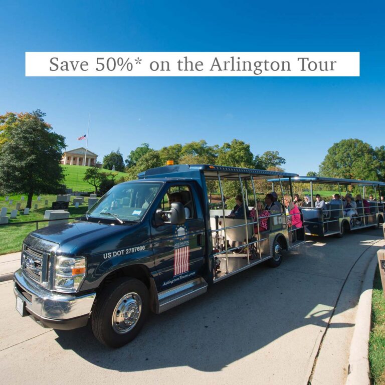 Arlington Tours vehicle driving past Arlington House and the words Save 50%* on the Arlington Tour