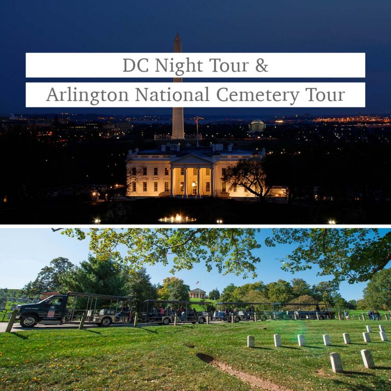 View of Washington DC at night, Arlington Tour vehicle at cemetery, and the words DC Night Tour & Arlington National Cemetery Tour