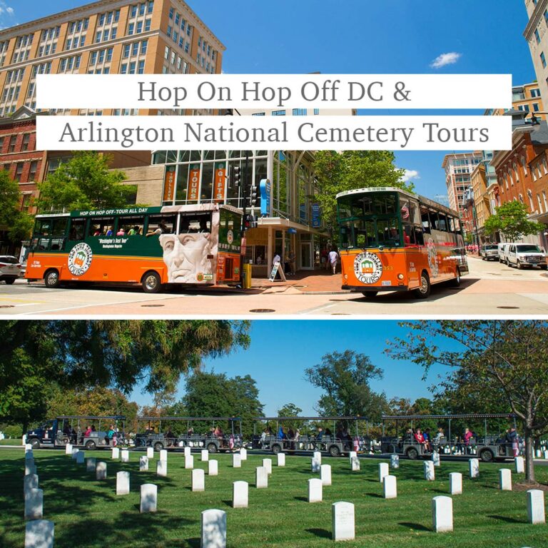 Washington DC welcome center and trolleys, Arlington Tours driving past tombstones, and the words Hop On Hop Off DC & Arlington National Cemetery Tours