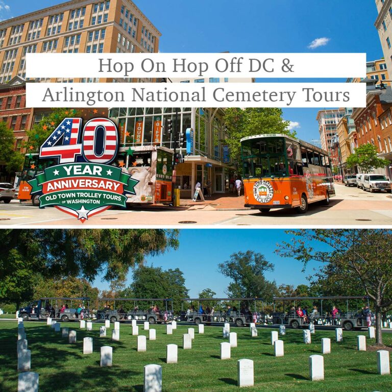 Washington DC welcome center and trolleys, Arlington Tours driving past tombstones, and the words Hop On Hop Off DC & Arlington National Cemetery Tours and 40th anniversary logo