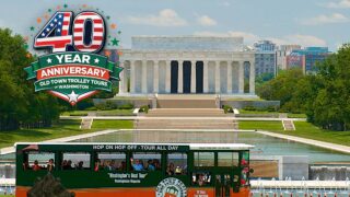 Old Town Trolley Tour - trolley in front of Washington DC WWII Memorial and the words 15 Stops around the National Mall and 40th anniversary logo