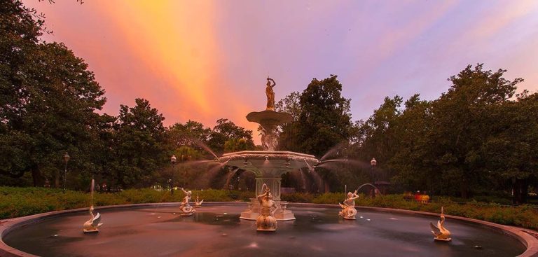 Fall sunset at Savannah Forsyth Park