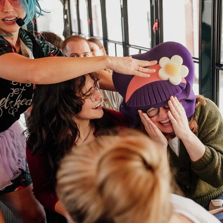 Savannah for Morons hosts and guests inside trolley