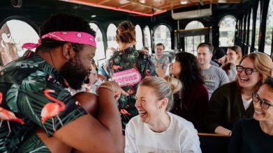 Savannah for Morons hosts and guests inside trolley