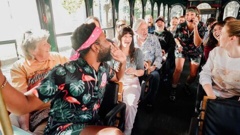 Savannah for Morons hosts and guests inside trolley