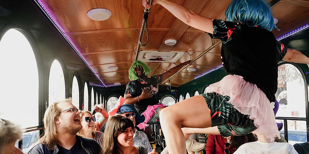 Savannah for Morons hosts and guests inside trolley