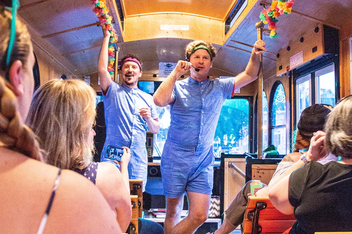 Savannah for Morons tour guides and guests aboard trolley