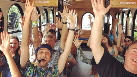 guests aboard Savannah for Morons trolley tour