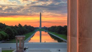 Washington DC reflecting pool at sunset