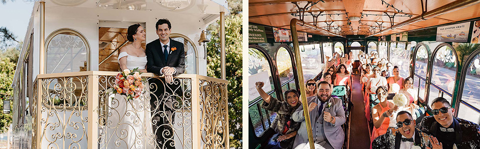 couple, wedding party and San Diego wedding trolley