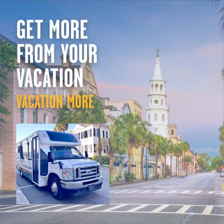 Charleston Old Town Trolley vehicle and the words 'get more from your vacation, Vacation More'