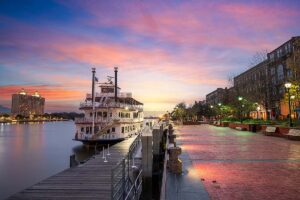 River Street in Savannah, featuring charming shops and cobblestone streets
