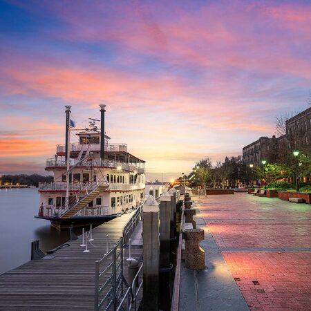 River Street in Savannah, featuring charming shops and cobblestone streets