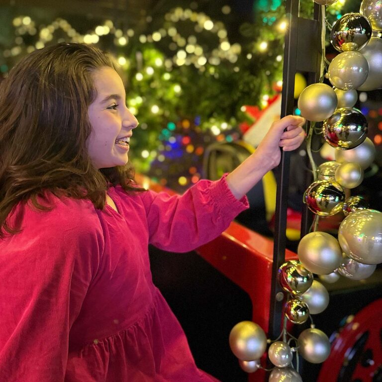child at Charleston holiday lights train ride