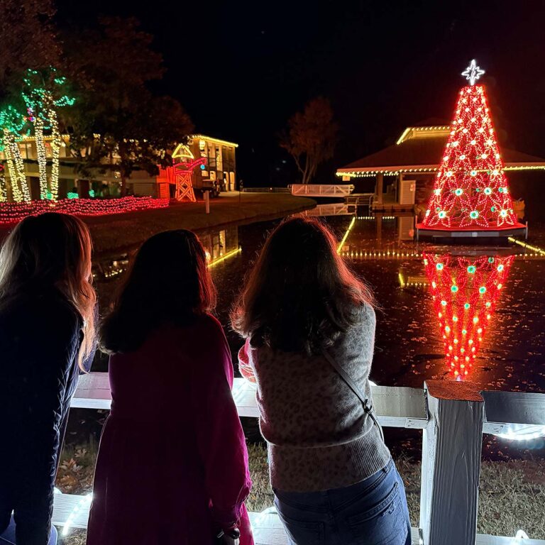 family exploring Charleston holiday lights display