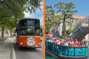 Old Town Trolley in San Antonio and Go Rio boats on River Walk