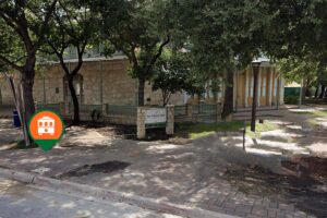 view of Tower of the Americas trolley stop in San Antonio