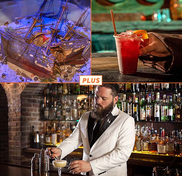 The Pirates and Treasure Museum™ Tickets + Drink and Prohibition Museum + Cocktail Package - images of ship exhibit, drink a the Tavern and bartender at American Prohibition Museum