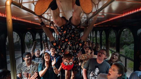 Savannah Ghost Tours for Morons guide and guests inside trolley