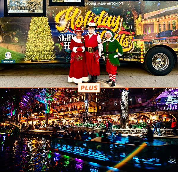 San Antonio holiday tour and Go Rio River Cruise at night during the holidays