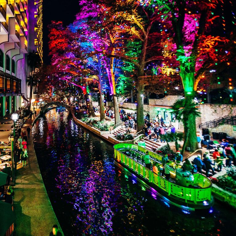 San Antonio River Walk at night during the holidays
