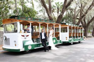 St. Augustine wedding trolley and couple