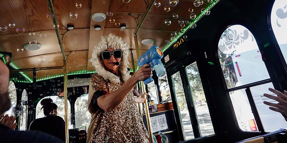 Nashville For Morons host entertaining guests inside trolley