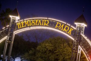 Hemisfair Park sign at night