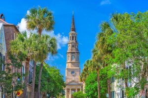 The soaring steeple of St. Philip's Episcopal Church framing the skyline in Charleston
